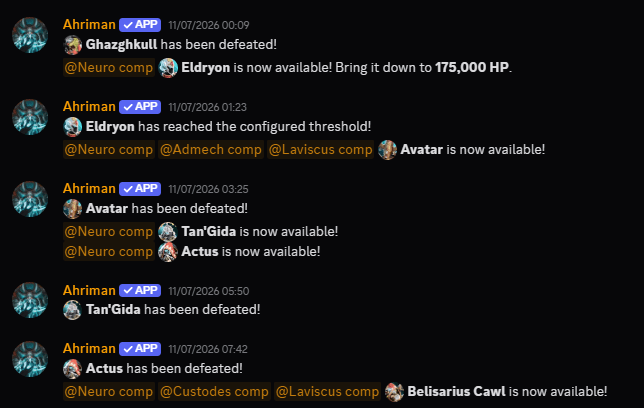 Real Ahriman raid notifications in Discord: bosses defeated, Eldryon held at a configured HP threshold, and configured roles pinged as Avatar and Belisarius Cawl become available