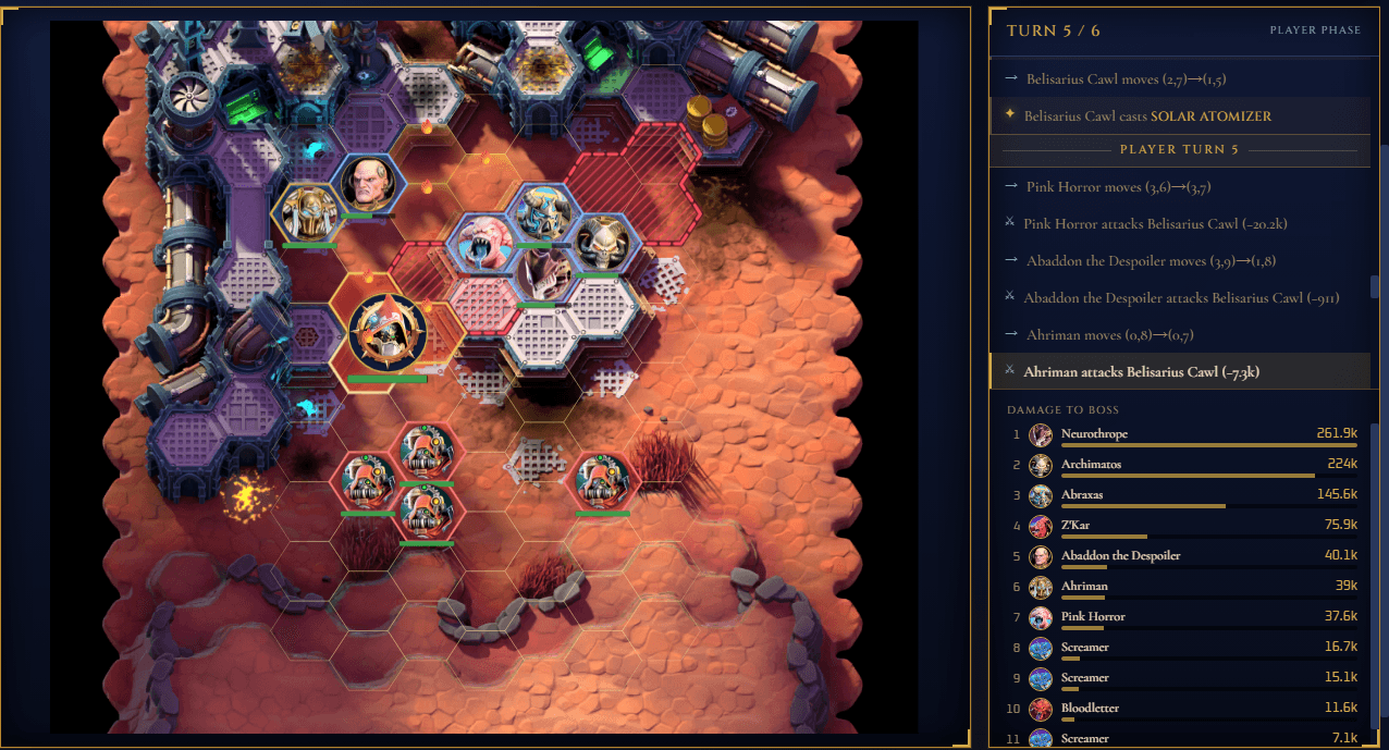 The Ahriman replay viewer mid-fight: a Chaos team engages Belisarius Cawl on the hex board, with the turn-by-turn action timeline and damage-to-boss leaderboard alongside